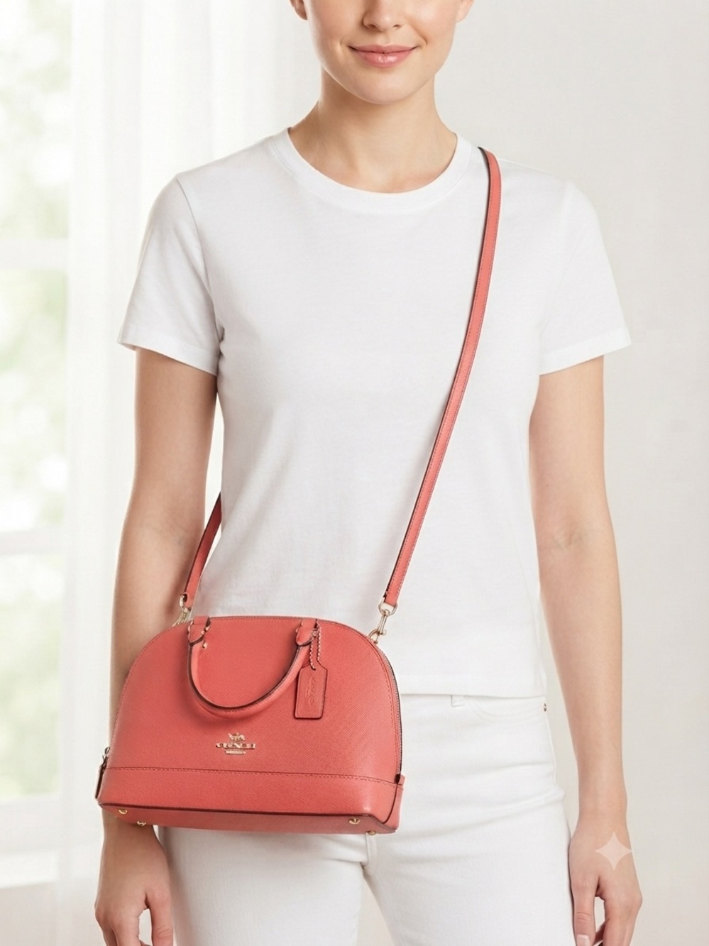 Coach Sierra Mini Satchel/Crossbody Bright Coral Pink Crossgrain Leather
